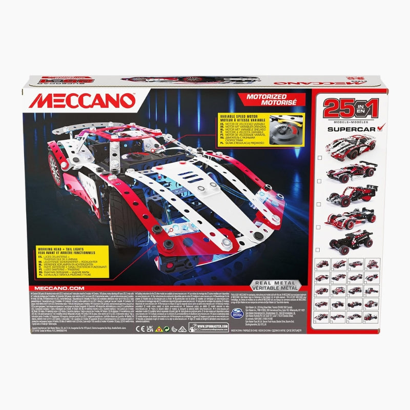 Coffret Supercar Meccano – 25 modèles motorisés à construire, moteur 6V + LED, 347 pièces, dès 10 ans