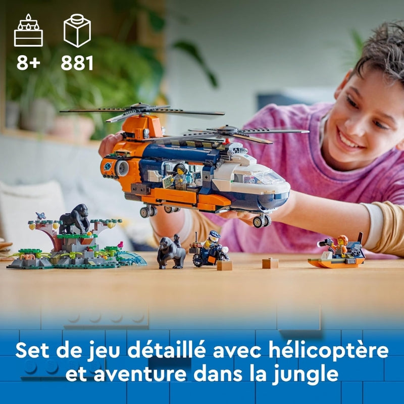 LEGO City L’Hélicoptère de l’Explorateur de la Jungle – Jouet de construction avec camp de case, Moto, Bateau, figurines et animaux – 881 Pièces – Modèle 60437