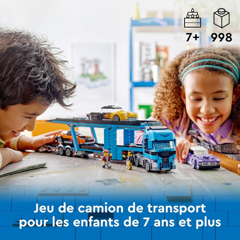 LEGO City Le Camion de Transport de Voitures de Sport – Set de construction avec 4 véhicules, camion, remorque et mini figurines