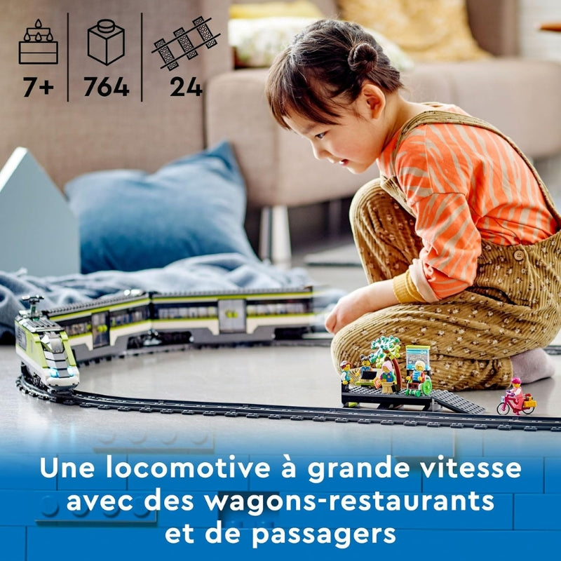 LEGO City Le Train de Voyageurs Express – Locomotive télécommandée, rails et wagon-restaurant