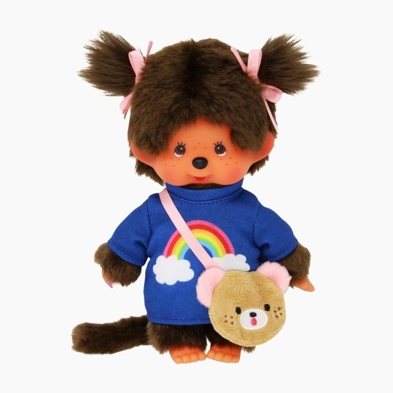 Peluche Kiki 'Arc-en-Ciel avec Sac Ourson' – Monchhichi Fille Originale 20 cm
